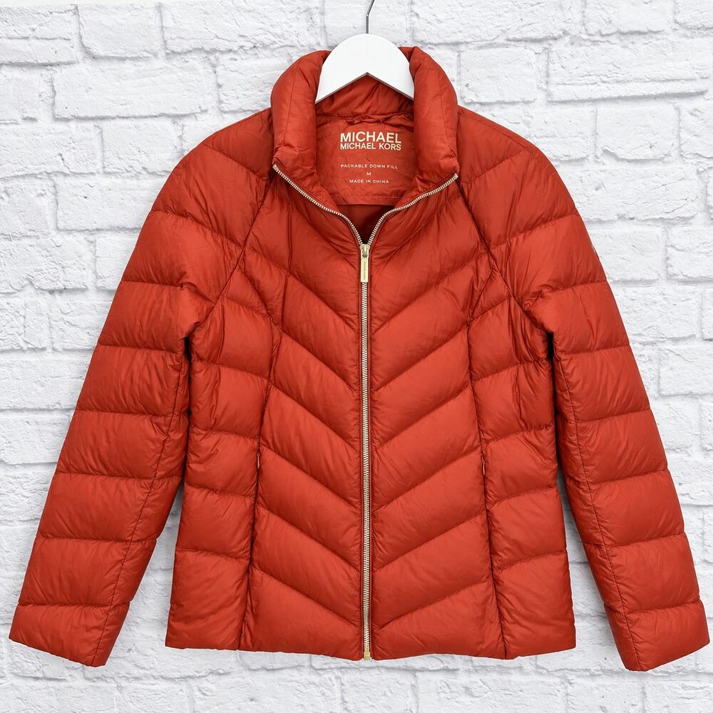 Michael Kors Packable Down Jacket Womens Size M Puffer Burnt Orange Nylon Zip
